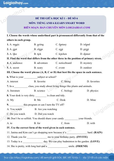 Đề thi giữa kì 1 Tiếng Anh 6 iLearn Smart World - Đề số 6